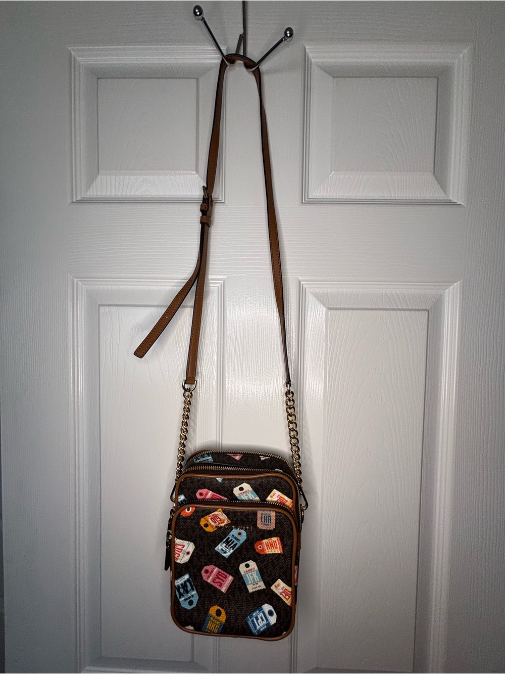 Michael Kors Brown Crossbody Bag with Multicolor Ticket Print